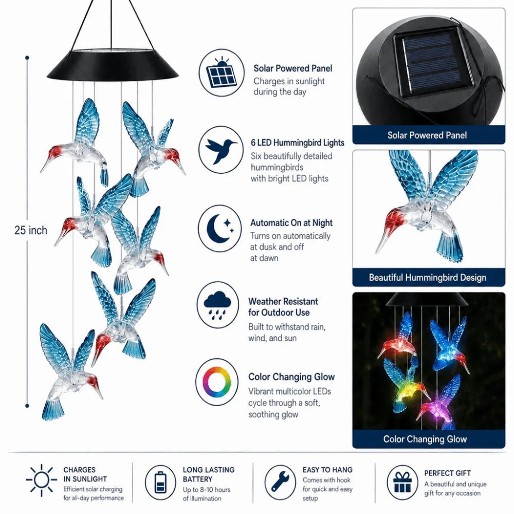 Hummingbird Solar Wind Chime Light Waterproof Atmosphere Lighting Solar Garden Lights Color Changing Landscape Ornaments