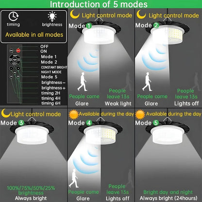 Solar Shed Light Solar Powered Motion Sensor Pendant Light Solar Lights with 5 Lighting Modes & Remote for Shed Gazebo Garage