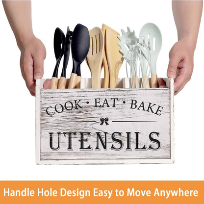 Utensil Holder,Wooden Utensil Holder for Kitchen Counter, Cooking Utensil Organizer with 3 Compartments,Utensil Crock for Silverware Spoon Spatula