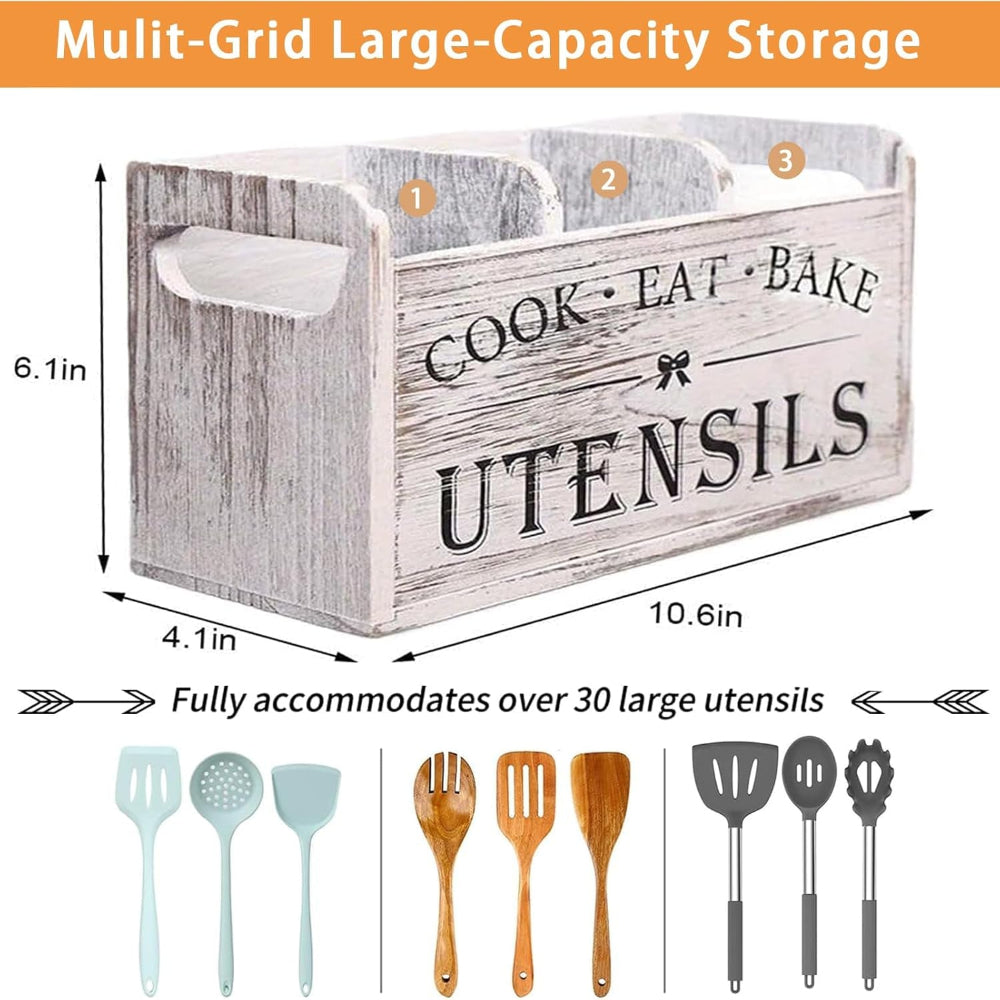Utensil Holder,Wooden Utensil Holder for Kitchen Counter, Cooking Utensil Organizer with 3 Compartments,Utensil Crock for Silverware Spoon Spatula