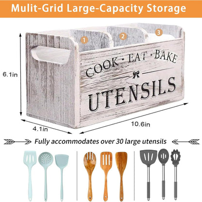 Utensil Holder,Wooden Utensil Holder for Kitchen Counter, Cooking Utensil Organizer with 3 Compartments,Utensil Crock for Silverware Spoon Spatula