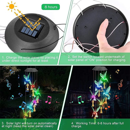 Hummingbird Solar Wind Chime Light Waterproof Atmosphere Lighting Solar Garden Lights Color Changing Landscape Ornaments