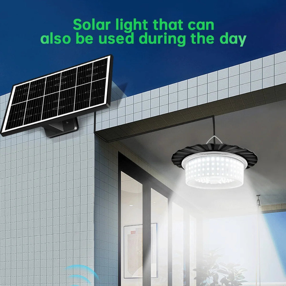 Solar Shed Light Solar Powered Motion Sensor Pendant Light Solar Lights with 5 Lighting Modes & Remote for Shed Gazebo Garage