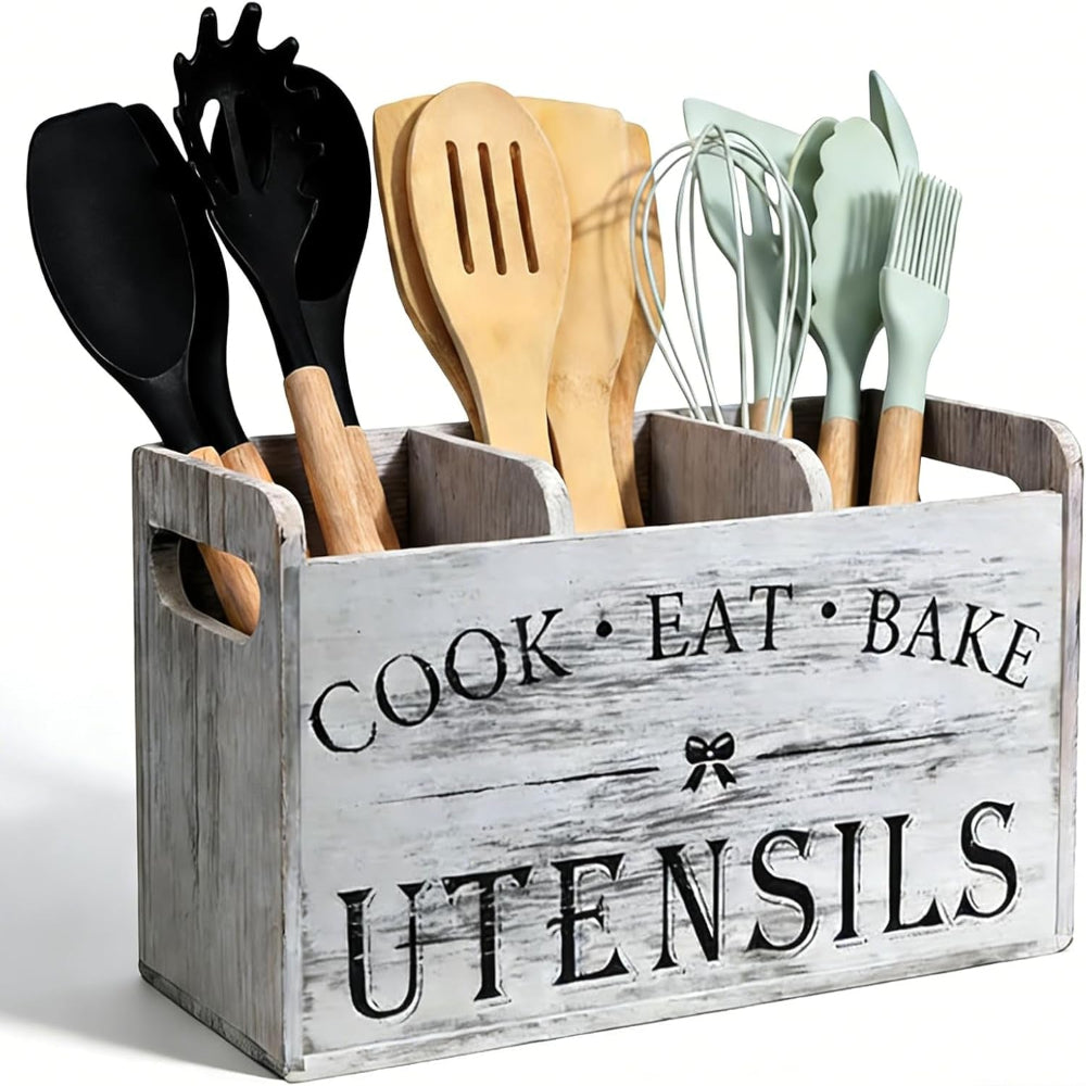 Utensil Holder,Wooden Utensil Holder for Kitchen Counter, Cooking Utensil Organizer with 3 Compartments,Utensil Crock for Silverware Spoon Spatula