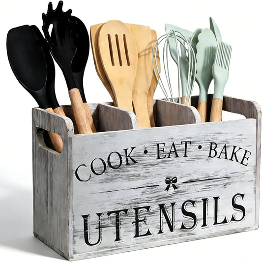 Utensil Holder,Wooden Utensil Holder for Kitchen Counter, Cooking Utensil Organizer with 3 Compartments,Utensil Crock for Silverware Spoon Spatula